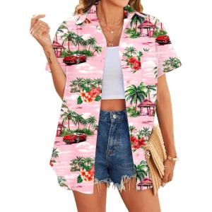 imageHOTOUCH Hawaiian Shirts for Women Summer Cool Hawaii Floral Tropic Print Blouses Beach Short Sleeve Button Up TopsPink Hawaiian