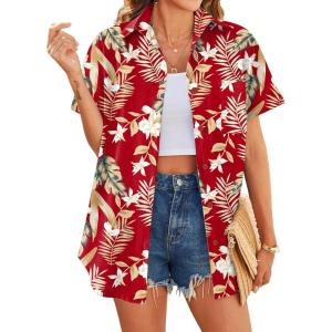 imageHOTOUCH Hawaiian Shirts for Women Summer Cool Hawaii Floral Tropic Print Blouses Beach Short Sleeve Button Up TopsRed Tropical