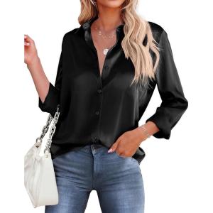 imageHOTOUCH Satin Shirts for Women Silk Button Down V Neck Dressy Casual Blouse Loose Long Sleeve Office Work Tunic TopsBlack