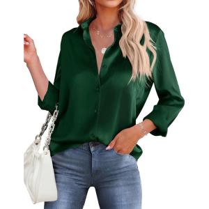 imageHOTOUCH Satin Shirts for Women Silk Button Down V Neck Dressy Casual Blouse Loose Long Sleeve Office Work Tunic TopsGreen