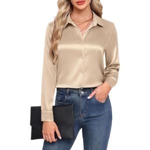 imageHOTOUCH Satin Shirts for Women Silk Button Down V Neck Dressy Casual Blouse Loose Long Sleeve Office Work Tunic TopsKhaki