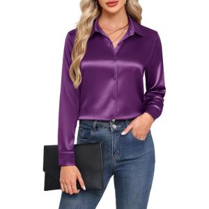 imageHOTOUCH Satin Shirts for Women Silk Button Down V Neck Dressy Casual Blouse Loose Long Sleeve Office Work Tunic TopsPurple