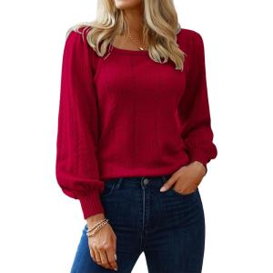 imageHOTOUCH Sweaters for Women 2025 Fall Trendy Tops Casual Puff Sleeve Square Neck Cute Tunic Pullover Blouses XSXXL02dark Red