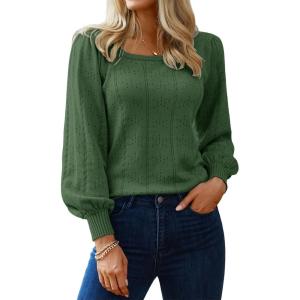 imageHOTOUCH Sweaters for Women 2025 Fall Trendy Tops Casual Puff Sleeve Square Neck Cute Tunic Pullover Blouses XSXXLArmy Green