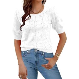 imageHOTOUCH Sweaters for Women 2025 Fall Trendy Tops Casual Puff Sleeve Square Neck Cute Tunic Pullover Blouses XSXXLWhite