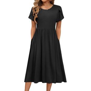 imageHOTOUCH Women Dress 2025 Short Sleeve Floral Midi Loose Tshirt Dresses Aline Flowy Swing Beach Sundress with PocketsBlack