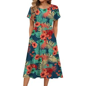 imageHOTOUCH Women Dress 2025 Short Sleeve Floral Midi Loose Tshirt Dresses Aline Flowy Swing Beach Sundress with PocketsDh720