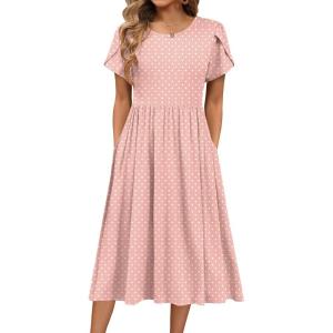 imageHOTOUCH Women Dress 2025 Short Sleeve Floral Midi Loose Tshirt Dresses Aline Flowy Swing Beach Sundress with PocketsPink Round Dot