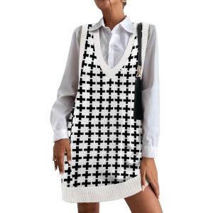 imageHOTOUCH Women Sweater Vest Oversized V Neck Sleeveless Knit Pullover Ribbed Vest Dress with PocketsBlack Cross