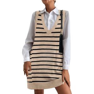 imageHOTOUCH Women Sweater Vest Oversized V Neck Sleeveless Knit Pullover Ribbed Vest Dress with PocketsBlack Stripe