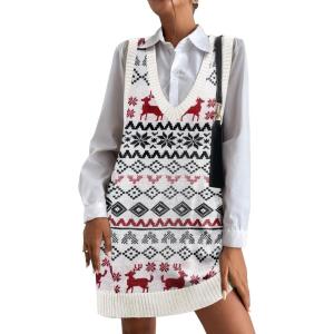 imageHOTOUCH Women Sweater Vest Oversized V Neck Sleeveless Knit Pullover Ribbed Vest Dress with PocketsChristmas Print