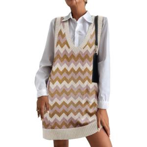 imageHOTOUCH Women Sweater Vest Oversized V Neck Sleeveless Knit Pullover Ribbed Vest Dress with PocketsColorblock Stripe