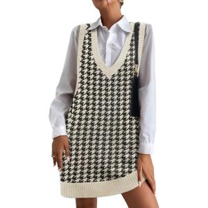 imageHOTOUCH Women Sweater Vest Oversized V Neck Sleeveless Knit Pullover Ribbed Vest Dress with PocketsHoundstooth 01
