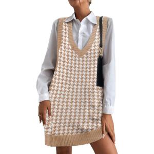 imageHOTOUCH Women Sweater Vest Oversized V Neck Sleeveless Knit Pullover Ribbed Vest Dress with PocketsHoundstooth 02