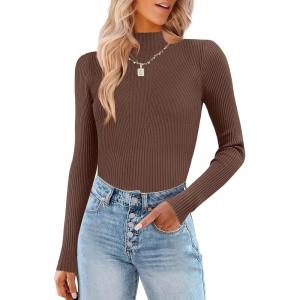imageHOTOUCH Women Turtleneck Tops Mock Neck Sweater Ribbed Knit Basic Casual Long Sleeve Shirt Fall Winter Clothing 2025 TrendyBrown