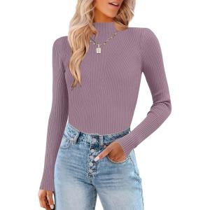imageHOTOUCH Women Turtleneck Tops Mock Neck Sweater Ribbed Knit Basic Casual Long Sleeve Shirt Fall Winter Clothing 2025 TrendyPurple