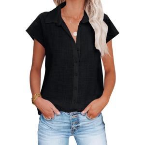 imageHOTOUCH Womens Button Down Shirt Casual V Neck Cap Sleeve Blouses Summer Cotton Collared Tops S3XLBlack