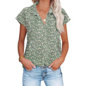 imageHOTOUCH Womens Button Down Shirt Casual V Neck Cap Sleeve Blouses Summer Cotton Collared Tops S3XLFloral Green