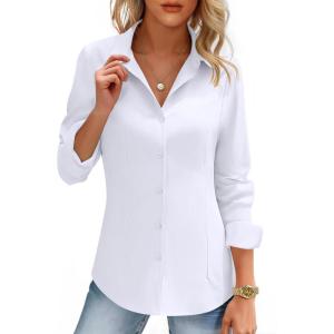 imageHOTOUCH Womens Button Down Shirts Long Sleeve Dress Shirt Slim Fitted Work Tops Collared Dressy Casual Business BlousesA01white