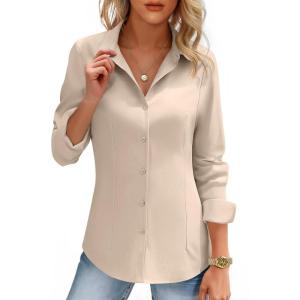 imageHOTOUCH Womens Button Down Shirts Long Sleeve Dress Shirt Slim Fitted Work Tops Collared Dressy Casual Business BlousesAlmond Khaki