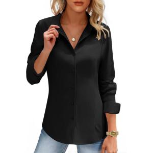 imageHOTOUCH Womens Button Down Shirts Long Sleeve Dress Shirt Slim Fitted Work Tops Collared Dressy Casual Business BlousesBlack
