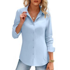 imageHOTOUCH Womens Button Down Shirts Long Sleeve Dress Shirt Slim Fitted Work Tops Collared Dressy Casual Business BlousesLight Blue