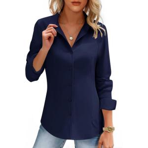 imageHOTOUCH Womens Button Down Shirts Long Sleeve Dress Shirt Slim Fitted Work Tops Collared Dressy Casual Business BlousesNavy Blue
