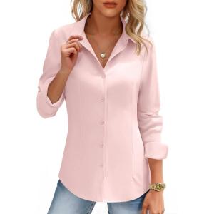 imageHOTOUCH Womens Button Down Shirts Long Sleeve Dress Shirt Slim Fitted Work Tops Collared Dressy Casual Business BlousesPink