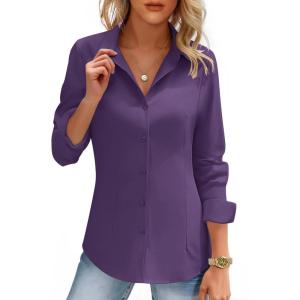 imageHOTOUCH Womens Button Down Shirts Long Sleeve Dress Shirt Slim Fitted Work Tops Collared Dressy Casual Business BlousesPurple