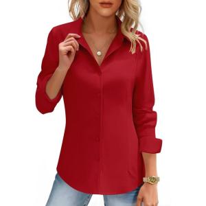 imageHOTOUCH Womens Button Down Shirts Long Sleeve Dress Shirt Slim Fitted Work Tops Collared Dressy Casual Business BlousesRed Classic