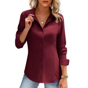 imageHOTOUCH Womens Button Down Shirts Long Sleeve Dress Shirt Slim Fitted Work Tops Collared Dressy Casual Business BlousesWine Red