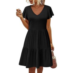 imageHOTOUCH Womens Casual Summer Dress with Pockets V Neck Ruffle Sleeve ALine DressesAablack