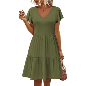 imageHOTOUCH Womens Casual Summer Dress with Pockets V Neck Ruffle Sleeve ALine DressesArmy Green