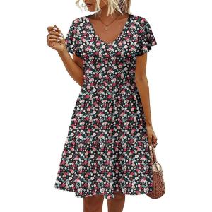 imageHOTOUCH Womens Casual Summer Dress with Pockets V Neck Ruffle Sleeve ALine DressesBlack Floralprinted