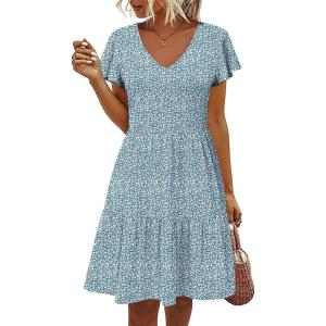 imageHOTOUCH Womens Casual Summer Dress with Pockets V Neck Ruffle Sleeve ALine DressesBlue Printed