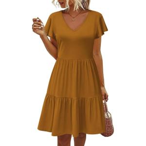 imageHOTOUCH Womens Casual Summer Dress with Pockets V Neck Ruffle Sleeve ALine DressesBrown