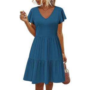 imageHOTOUCH Womens Casual Summer Dress with Pockets V Neck Ruffle Sleeve ALine DressesDark Blue