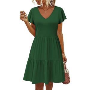 imageHOTOUCH Womens Casual Summer Dress with Pockets V Neck Ruffle Sleeve ALine DressesDark Green