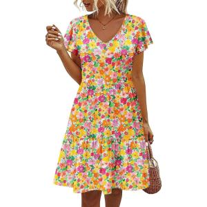 imageHOTOUCH Womens Casual Summer Dress with Pockets V Neck Ruffle Sleeve ALine DressesFloralprinted