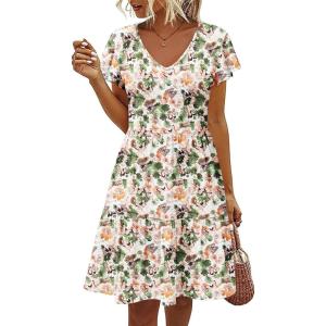 imageHOTOUCH Womens Casual Summer Dress with Pockets V Neck Ruffle Sleeve ALine DressesFloralprinted2