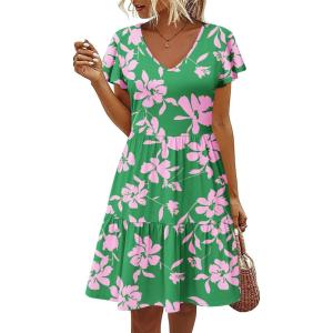 imageHOTOUCH Womens Casual Summer Dress with Pockets V Neck Ruffle Sleeve ALine DressesGreen Pinkprinted