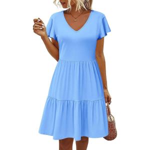 imageHOTOUCH Womens Casual Summer Dress with Pockets V Neck Ruffle Sleeve ALine DressesLight Blue