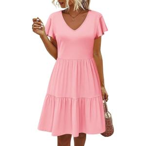 imageHOTOUCH Womens Casual Summer Dress with Pockets V Neck Ruffle Sleeve ALine DressesPink
