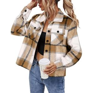 imageHOTOUCH Womens Flannels Fall Cropped Shacket Plaid Jacket Long Sleeve Button Down Coat 2025 Fall Fashion Trendy OutfitsApricot Fall Flannel