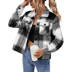 imageHOTOUCH Womens Flannels Fall Cropped Shacket Plaid Jacket Long Sleeve Button Down Coat 2025 Fall Fashion Trendy OutfitsBlack Flannel