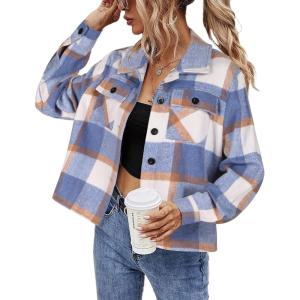 imageHOTOUCH Womens Flannels Fall Cropped Shacket Plaid Jacket Long Sleeve Button Down Coat 2025 Fall Fashion Trendy OutfitsBlue Black Flannel