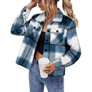 imageHOTOUCH Womens Flannels Fall Cropped Shacket Plaid Jacket Long Sleeve Button Down Coat 2025 Fall Fashion Trendy OutfitsBlue White Flannel