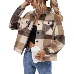 imageHOTOUCH Womens Flannels Fall Cropped Shacket Plaid Jacket Long Sleeve Button Down Coat 2025 Fall Fashion Trendy OutfitsBrown Black Flannel