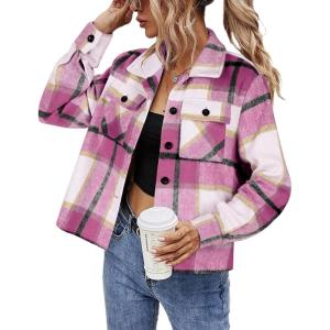 imageHOTOUCH Womens Flannels Fall Cropped Shacket Plaid Jacket Long Sleeve Button Down Coat 2025 Fall Fashion Trendy OutfitsFusica Flannel