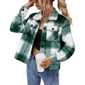 imageHOTOUCH Womens Flannels Fall Cropped Shacket Plaid Jacket Long Sleeve Button Down Coat 2025 Fall Fashion Trendy OutfitsGreen Flannel